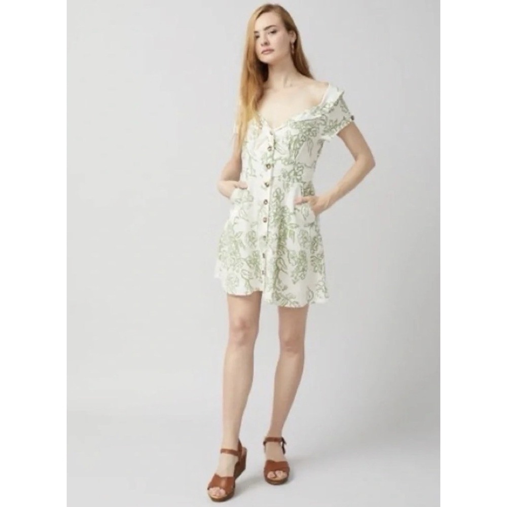 Free People A Thing Called Love Mini Dress Women's Size 4 in Green‎ Combo Linen